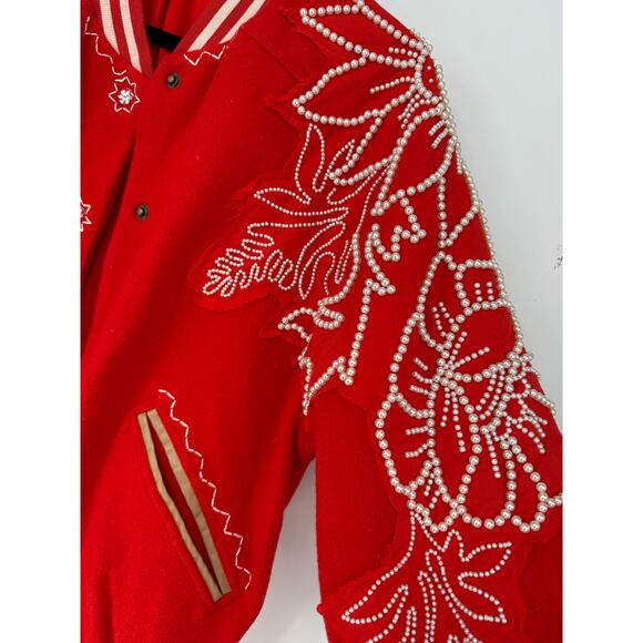 Free People Pretty In Pearls Bomber Jacket Varsity Red Medium M - Picture 8 of 14